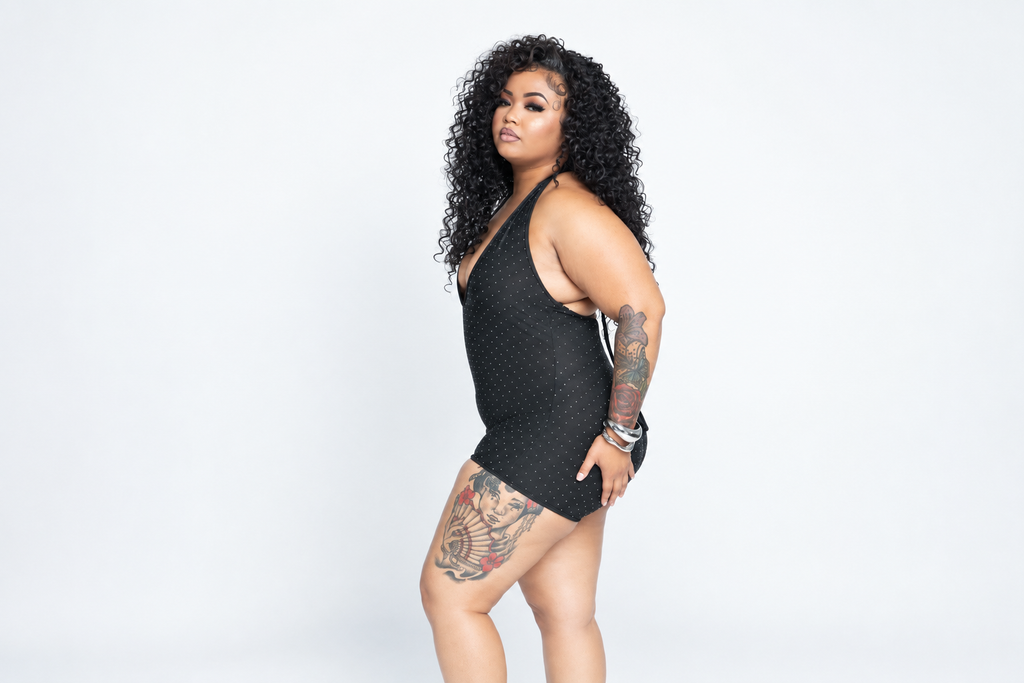 Londynn Midnight Glimmer Halter Rhinestone Romper