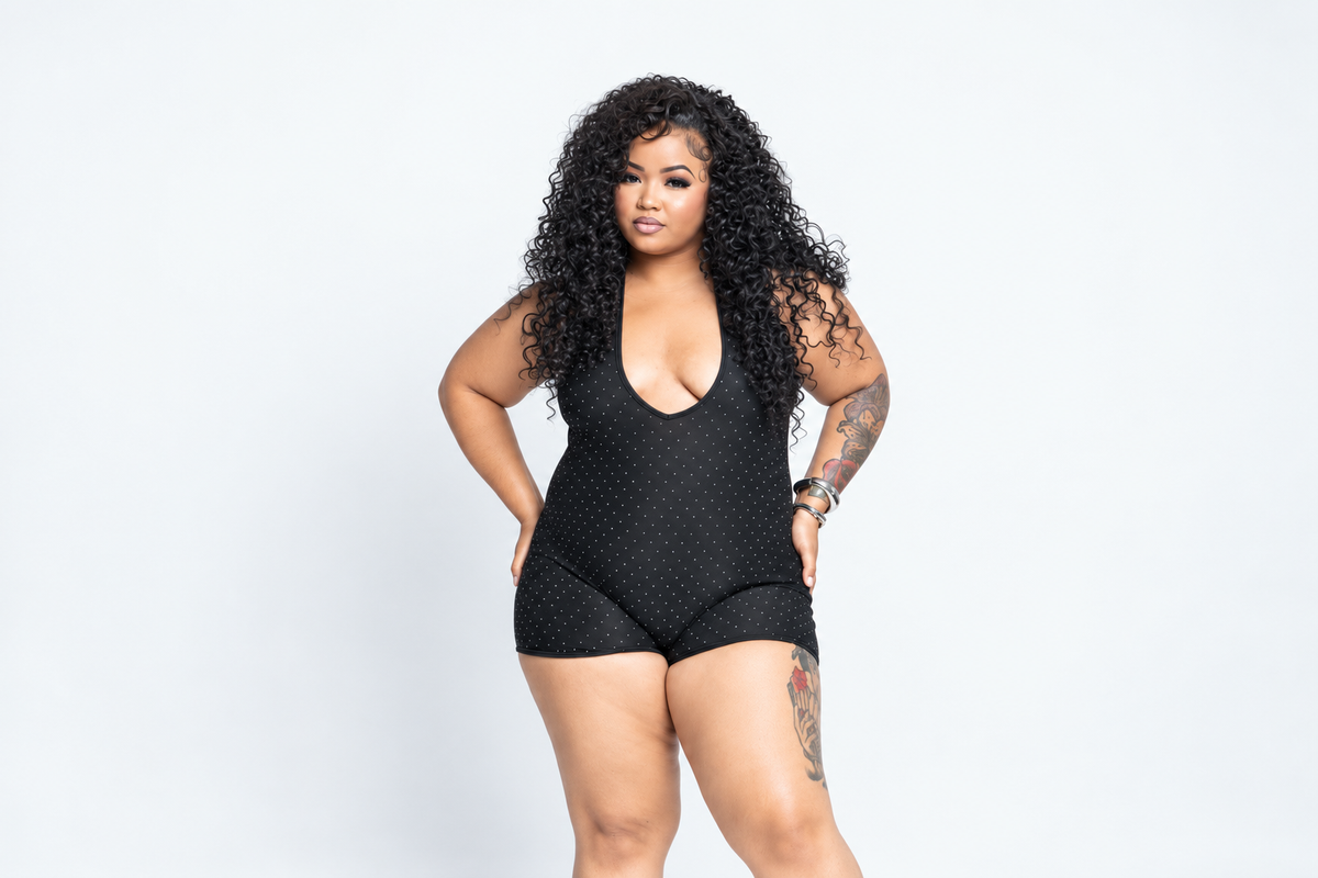 Londynn Midnight Glimmer Halter Rhinestone Romper